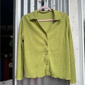 Green Button-Up Blouse, Vintage V Neck, Bell Sleeve, 70s Inspired